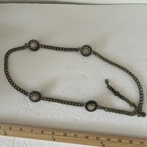 Marlyn Schiff Vintage gunmetal chain link belt w/ rhinestone medallion 36”